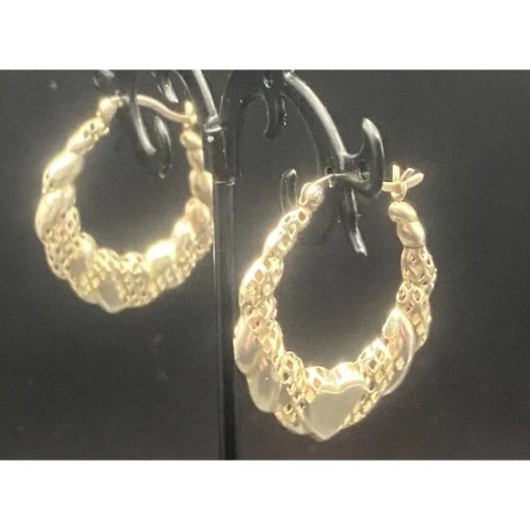 Sterling Silver 925 Heart Hoop Earrings Textured Diamond Cut Thailand 1" 2.62g - Picture 8 of 9